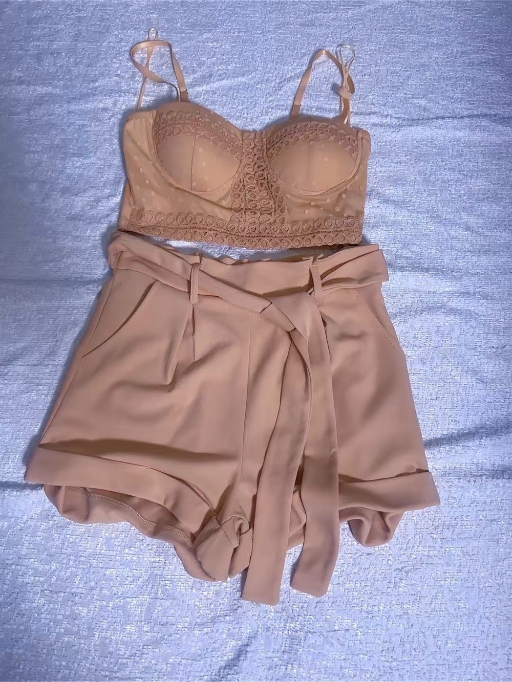 Peach Lace Bustier Crop Top with High-Waist Belted Shorts